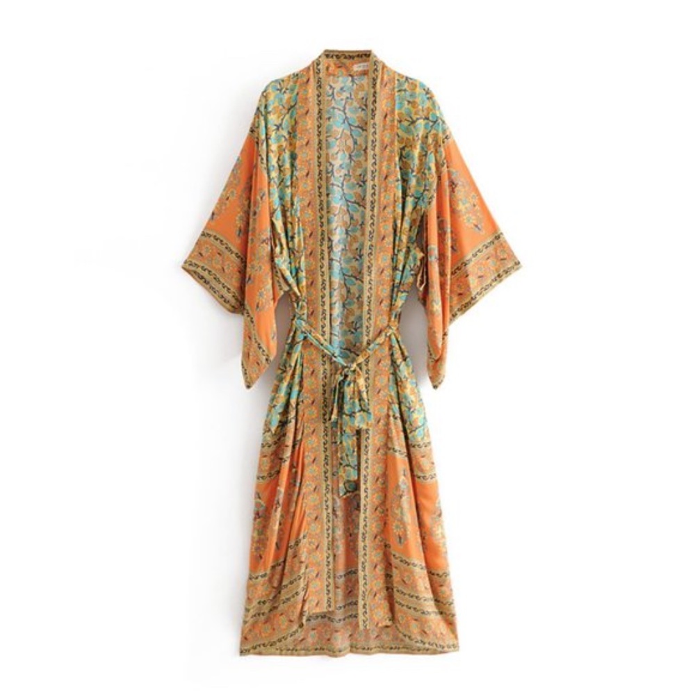 Bohemian Floral Longline Cardigan Kimono - Mustard - Picture 2 of 3